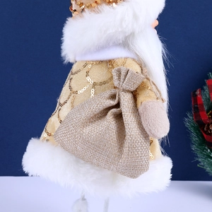 Detail of 40cm Santa doll in gold sequin robe with white faux fur and burlap gift bag