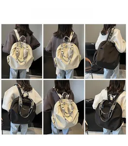 Detailed views of nylon backpack featuring fashionable lettered webbing and spacious design