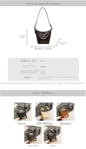 Detailed size specifications and color comparison for retro PU leather bucket bags