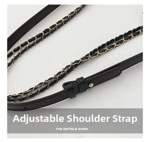 Detail of adjustable woven leather and metal chain shoulder strap for handbags
