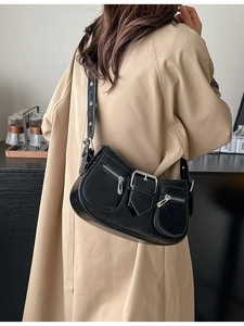 Retro black faux leather underarm bag with silver square buckle and multi-pocket design