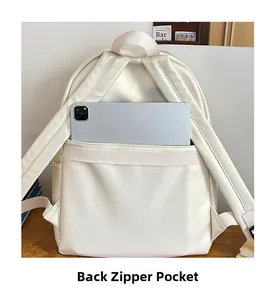 Detail of cream white leather backpack featuring a secure back zipper pocket for tablets
