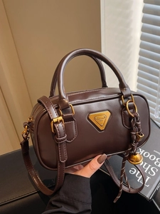Women Vintage PU Leather Boston Bag High Texture Triangle Metal Logo Crossbody Shoulder Handbag With Bell Pendant Fashion Pillow Bag
