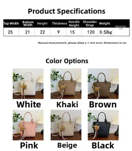 Size chart for women PU leather bucket bag showing dimensions and six available colors
