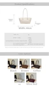 Detailed chart showing PU leather tote bag dimensions and five available color variants