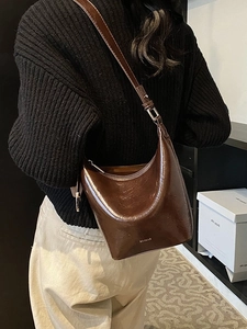 Retro dark brown oil wax leather Hobo shoulder bag with NO FILTER print and silver hardware
