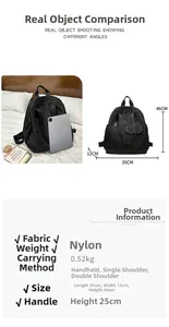 Detailed size parameters of large capacity black nylon backpack 35x12x46cm for women