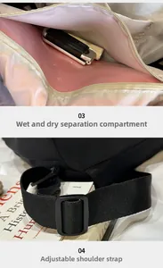 Detail of the waterproof dry-wet separation pocket with water droplets on pink nylon lining