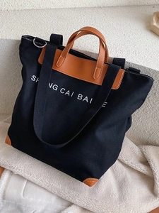 Large Capacity Canvas Tote Bag For Women PU Leather Trim Shoulder Crossbody Bag Casual Letter Print Daily Handbag