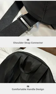 Detail of adjustable strap buckles and reinforced top handle on the black nylon backpack