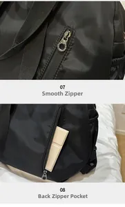Detail of smooth metal zipper and secure anti-theft back pocket on black nylon bag