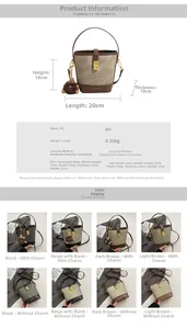 Detailed chart showing PU leather bucket bag dimensions and multiple color variations