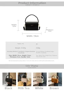 Detailed view of structured box handbag in PU leather with dimensions and color options