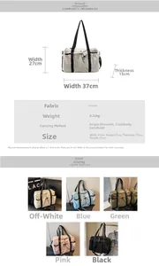 Tabella delle dimensioni dettagliata per borsa da viaggio in tela 37x27x15cm e opzioni