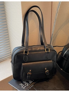 Classic black PU leather briefcase handbag with decorative buckles and double shoulder straps