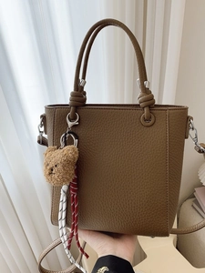 Women Fashion Lychee Grain PU Leather Bucket Bag Casual Tote Crossbody Handbag With Plush Bear Pendant Shoulder Bag