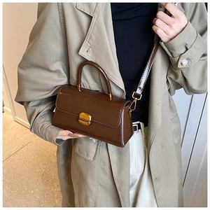 Dettaglio mini borsa in vernice marrone scuro con fibbia oro e manico superiore