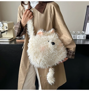 Close-up of fluffy white dog plush crossbody bag featuring soft long-hair texture