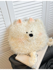 Adorable white plush dog backpack featuring soft fluffy fur and cute facial details