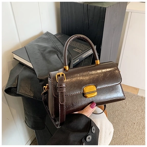 Dettaglio della borsa vintage marrone scuro in pelle lucida con fibbia in metallo dorato