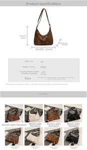 Detailed size chart and multi-color options for the large vintage PU shoulder hobo bag