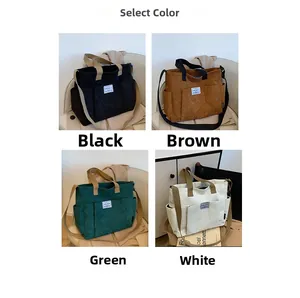 Detailed grid view of corduroy tote bags in black brown green and beige colors