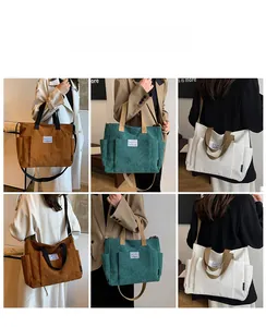 Detailed views of vintage corduroy tote bags in brown, green, and beige for women