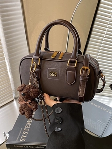 Vintage PU Leather Boston Pillow Bag For Women Versatile Crossbody Handbag With Cute Bear Pendant Fashion Daily Bag
