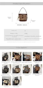 Detailed size guide and color options for the vintage PU leather bucket handbag