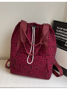 Large burgundy leopard print canvas tote bag with drawstring for women's daily commute
