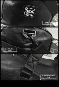 Détails du sac de voyage en cuir montrant crochets, coutures et logo de marque