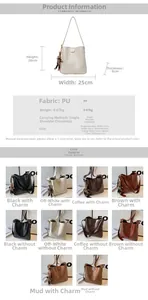 Detailed size chart and specifications for the minimalist PU leather bucket bag set