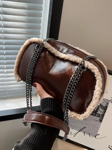 Vintage PU Leather Shoulder Bag For Women Faux Shearling Trim Chain Crossbody Small Square Bag Autumn Winter Commuter Purse