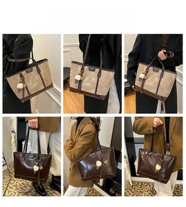 Collage de cabas chics en beige et marron foncé portés par un mannequin