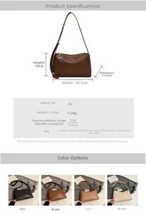 Guide des tailles pour sac en cuir PU incluant dimensions et options de couleurs variées