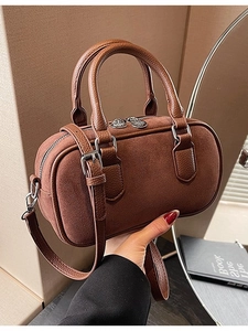 Brown Boston style tote bag with suede and lychee leather textures and adjustable strap