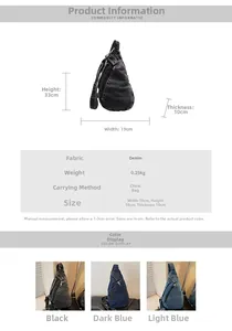 Detailed size specifications for a denim crossbody sling bag showing dimensions and colors