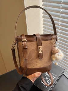 Vintage PU Leather Colorblock Bucket Bag For Women Retro Handbag Crossbody Shoulder Bag With Plush Monster Pendant