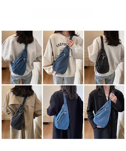 Collage of model styling a denim crossbody bag in navy blue and vintage grey colors