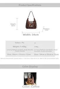 Detailed size specifications for a brown multi-functional PU leather tote with dog graphics
