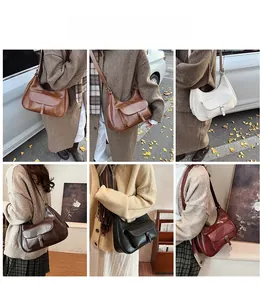 Collage of leather half-moon crossbody bags in six colors including brown and black