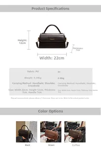 Detailed size specifications and material chart for vintage PU leather crossbody bag
