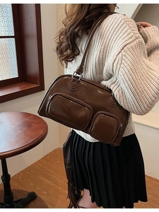 Borsa a Spalla Bowling in Pelle PU Lucida Retro da Donna Moda Doppie Tasche con Cerniera Frontali Borsa Sottobraccio Pendolare