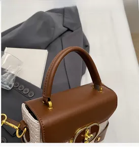 Detailed shot of brown leather flap and cream woven texture with golden clasp lock
