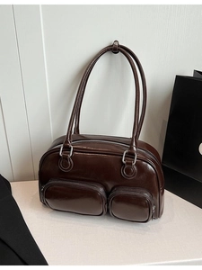 Borsa bowling vintage marrone scuro lucido con doppie cerniere anteriori e manici