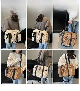 Collage of model showing cream and khaki bucket bags with drawstring and woven straps