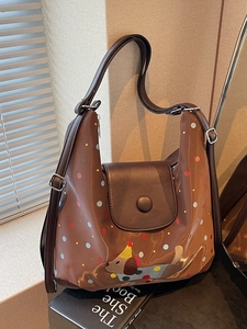 Large Capacity Women Shoulder Bag Glossy PU Leather Polka Dot Cartoon Dog Embroidery Crossbody Backpack For Daily Travel