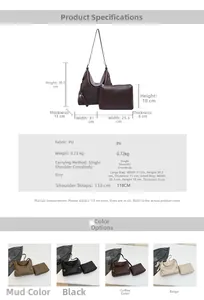 Detailed size chart and dimensions for the two-piece PU leather tote and handbag set