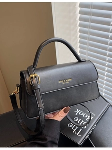 Retro black matte leather small square bag with gold accents and top handle