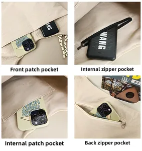 Detail view of four storage pockets including front slot and hidden back zipper compartment